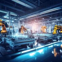 Vibrant display of intricate machinery on a modern, automated factory floor AI Generative photo