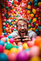 Joy Unleashed - Man Juggles Work Calls in Childlike Ball Pit Play AI Generative photo