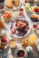 Inviting communal breakfast setting, photographed from above, illuminating the joy of sharing meals in the morning light photo