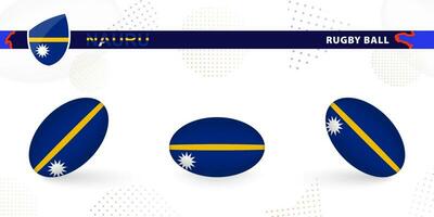 Rugby ball set with the flag of Nauru in various angles on abstract background. vector