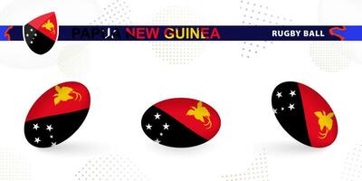 Rugby ball set with the flag of Papua New Guinea in various angles on abstract background. vector