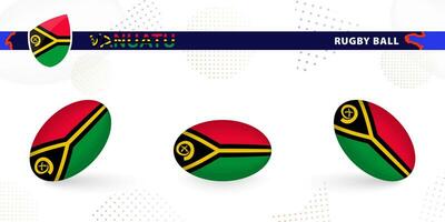 Rugby ball set with the flag of Vanuatu in various angles on abstract background. vector