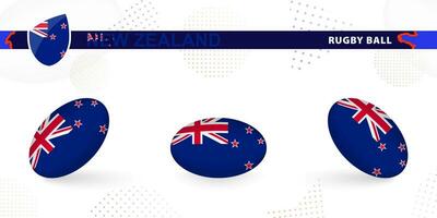Rugby ball set with the flag of New Zealand in various angles on abstract background. vector