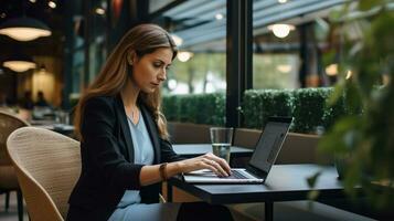 Businesswoman in formal attire working at a cafe with large glass-window copyspace for branding opportunities AI Generative photo