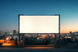 Vibrant sunset forming a fiery backdrop for a blank billboard frame, perfect for bold advertising AI Generative photo