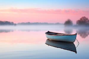 Peaceful dawn over a calm lake with a solitary rowing boat in the distance photo