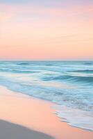 Tranquil beach scene at twilight with soft sunset colors blending into sky for ample copy space photo