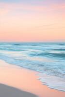 tranquilo playa escena a crepúsculo con suave puesta de sol colores mezcla dentro cielo para amplio Copiar espacio ai generativo foto