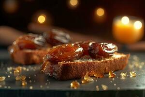 Saudi Arab Dates toast, macro shot of a fresh breakfast with Dripping Honey, AI Generated photo