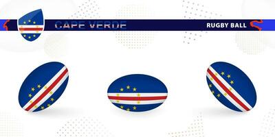 Rugby ball set with the flag of Cape Verde in various angles on abstract background. vector