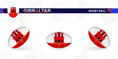 Rugby ball set with the flag of Gibraltar in various angles on abstract background. vector