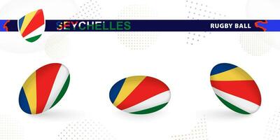 Rugby ball set with the flag of Seychelles in various angles on abstract background. vector