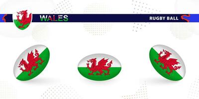 Rugby ball set with the flag of Wales in various angles on abstract background. vector