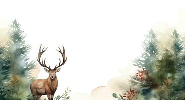 Christmas watercolor background with animal and pine cones photo