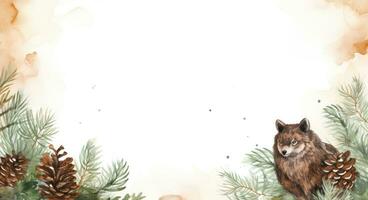 Christmas watercolor background with animal and pine cones photo