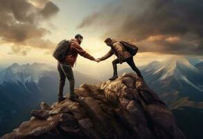 Two people helping each other on a mountain top photo