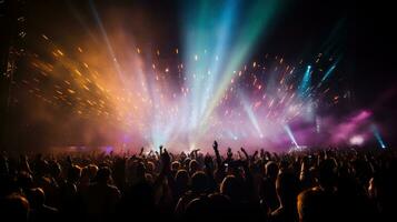 Fireworks lights during concert festival in a nighttime, in crowd photo