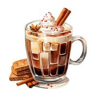 Hot cocoa with cinnamon and gingerbread cookie in watercolor print photo