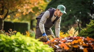 jardinero trabajos en otoño jardín foto