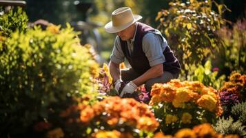 jardinero trabajos en otoño jardín foto