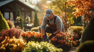 Gardener works in autumn garden photo