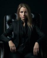 Woman in suit sitting in black chair photo