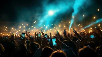 Fireworks lights during concert festival in a nighttime, in crowd photo
