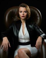 Woman in suit sitting in black chair photo