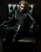 Woman in suit sitting in black chair photo