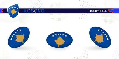 Rugby ball set with the flag of Kosovo in various angles on abstract background. vector