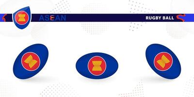 Rugby ball set with the flag of ASEAN in various angles on abstract background. vector