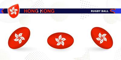 Rugby ball set with the flag of Hong Kong in various angles on abstract background. vector