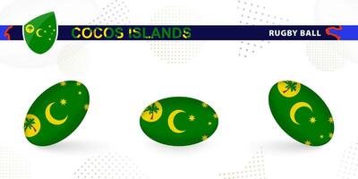 Rugby ball set with the flag of Cocos Islands in various angles on abstract background. vector