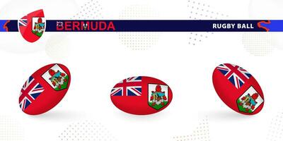 Rugby ball set with the flag of Bermuda in various angles on abstract background. vector