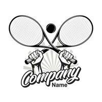 Tennis logo with hand holding rackets vector inspiration, Design element for logo, poster, card, banner, emblem, t shirt. Vector illustration