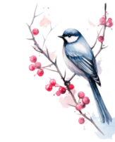 A bird sitting on a branch with red berries below it png