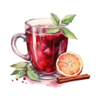 Watercolor mulled wine from a bottle with cinnamon, vanilla and apple png