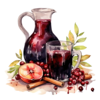 Watercolor mulled wine from a bottle with cinnamon, vanilla and apple png