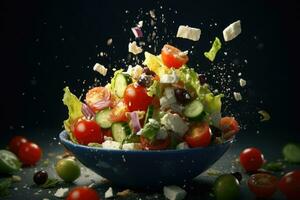 Greek Salad flying ingredients creative dramatic light Generative AI photo