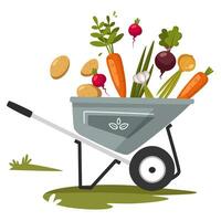 Wooden farm cart with vegetables isolated on white background. Harvest Festival. Fresh Organic Products from Local Farmers Market. Vector Cute Illustration in cartoon style.