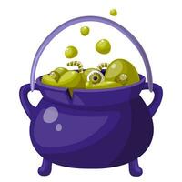 Cauldron with magic green potion bubbles, eye, worm. Halloween cauldron in cartoon flat style. A large magic gurgling potion in a cauldron with purple legs. vector