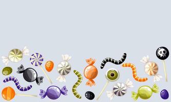 Background for Halloween with candies, sweets and lollipops. Candies and Halloween elements on a purple background. Website, background for halloween banner template vector