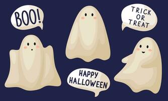 Set of cute funny happy ghosts. Childish creepy characters with word clouds. Magic scary spirits with different emotions and facial expressions. Isolated flat vector illustrations of comic phantoms