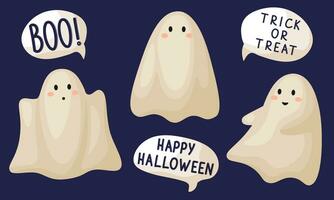 Set of cute funny happy ghosts. Childish creepy characters with word clouds. Magic scary spirits with different emotions and facial expressions. Isolated flat vector illustrations of comic phantoms