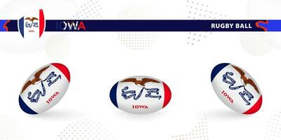 Rugby ball set with the flag of Iowa in various angles on abstract background. vector