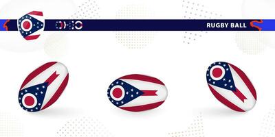 Rugby ball set with the flag of Ohio in various angles on abstract background. vector