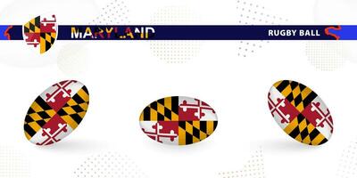 Rugby ball set with the flag of Maryland in various angles on abstract background. vector