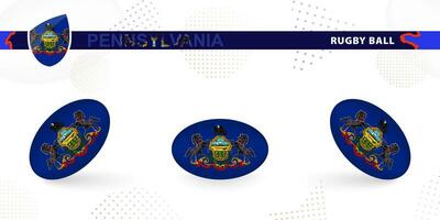 Rugby ball set with the flag of Pennsylvania in various angles on abstract background. vector