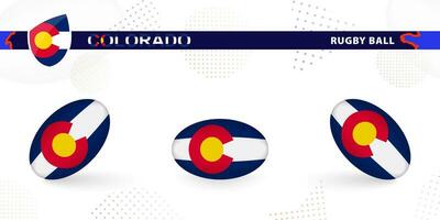 Rugby ball set with the flag of Colorado in various angles on abstract background. vector