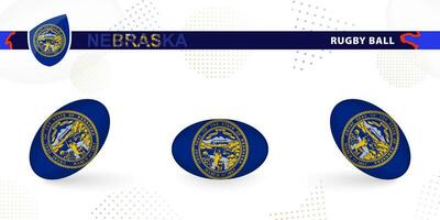 rugby pelota conjunto con el bandera de Nebraska en varios anglos en resumen antecedentes. vector